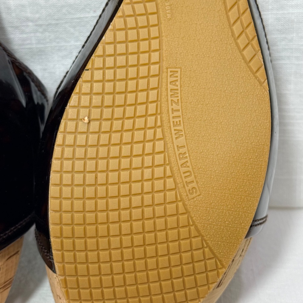 Stuart Weitzman Tortoise Patent‎ Cork Wedge Slide Sandals Women's Sz 8.5M Resort - Picture 8 of 15